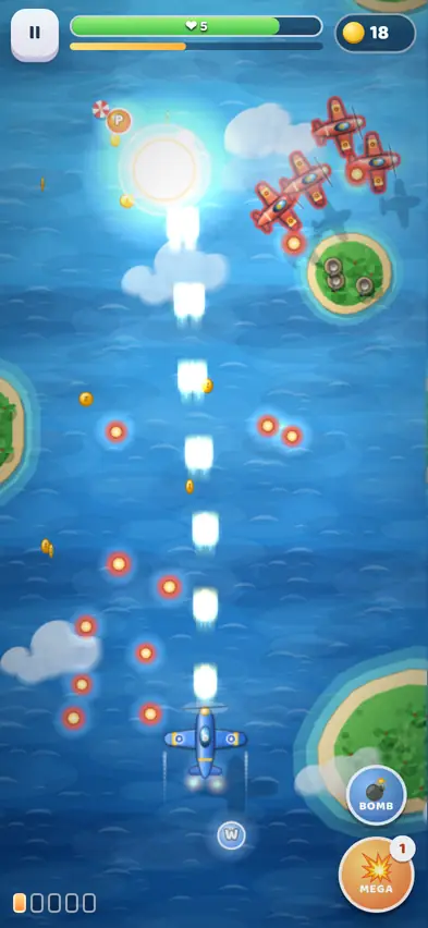 A blue plane at the bottom of the screen firing upward at red enemy planes while red enemy bullets fly toward it
