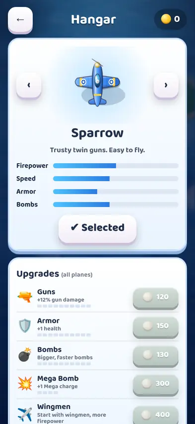 The Hangar screen showing the Sparrow plane with its stats and the Guns, Armor, Bombs, Mega Bomb, Wingmen and Magnet upgrades