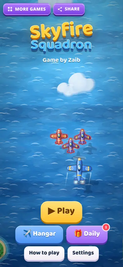 The Skyfire Squadron title screen with a blue plane and red enemy planes over the sea and Play, Hangar, Daily, How to play and Settings buttons