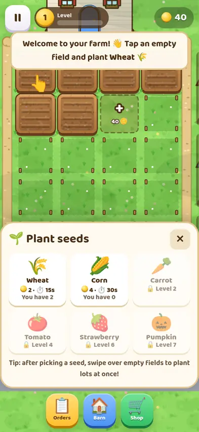 The Plant seeds menu showing Wheat for 2 coins and 15 seconds, Corn for 4 coins and 30 seconds, and locked Carrot, Tomato, Strawberry and Pumpkin
