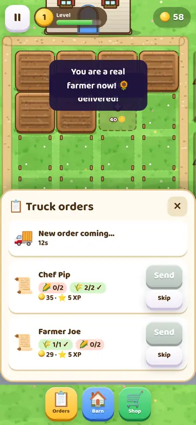 The Truck orders panel after a delivery, with the message You are a real farmer now and orders from Chef Pip and Farmer Joe