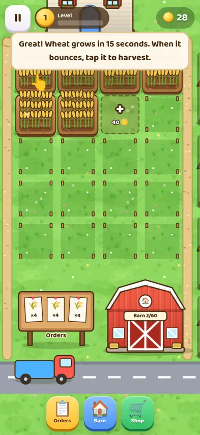 Six fields of golden wheat ready to harvest, with the orders board and the red barn below