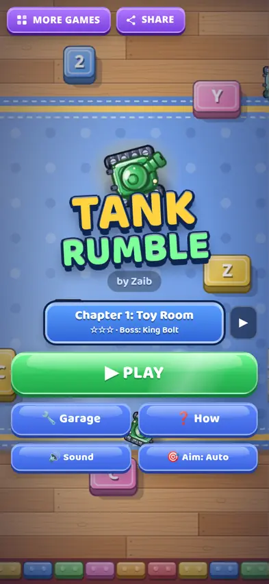 The Tank Rumble title screen showing Chapter 1, Toy Room, Boss King Bolt, with Play, Garage, How, Sound and Aim Auto buttons