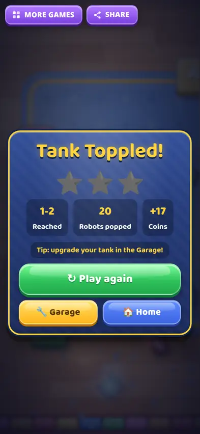 A Tank Toppled! card showing stage 1-2 reached, 20 robots popped and 17 coins, with the tip upgrade your tank in the Garage