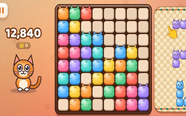 Kedim Blocks: A calm block puzzle with Kedim the cat: place clay blocks, pop full lines, catch fish in 40 Adventure levels and play a new Daily board every day.