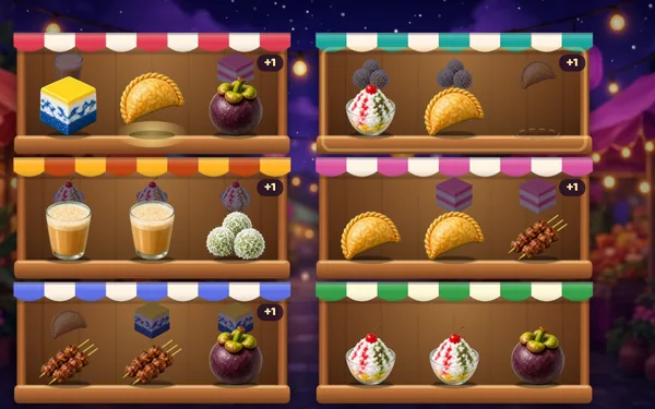 Pasar Malam Sort: A calm sorting puzzle at a cosy Malaysian night market: move satay, kuih and ais kacang between the stalls and sell three of a kind to clear 60 levels.