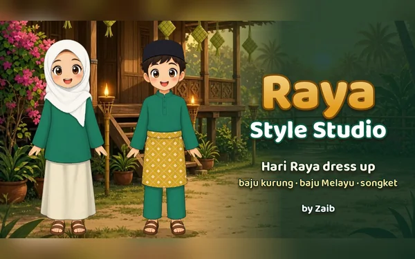 Raya Style Studio: A cheerful Hari Raya dress-up game: style Aisyah and Safwan in baju kurung, baju Melayu, songket and sedondon colours, meet your family's Raya wishes and snap the photo.